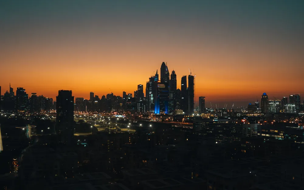 Dubai Marina skyline at sunset